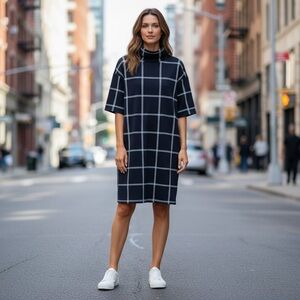 LOFT Navy and White Grid Dress. NWOT